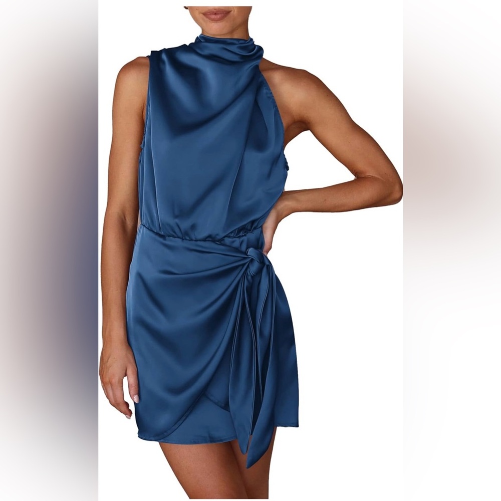 Satin Side-Tie Dress in Blue